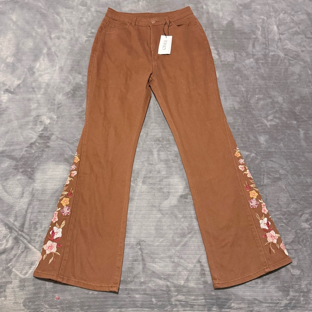Brown Flared Pants with Floral Embroidery